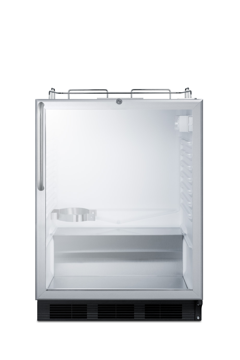 Built-in undercounter ADA height commercially listed beer dispenser with glass door, lock, and stainless steel wrapped cabinet; no tapping equipment included
